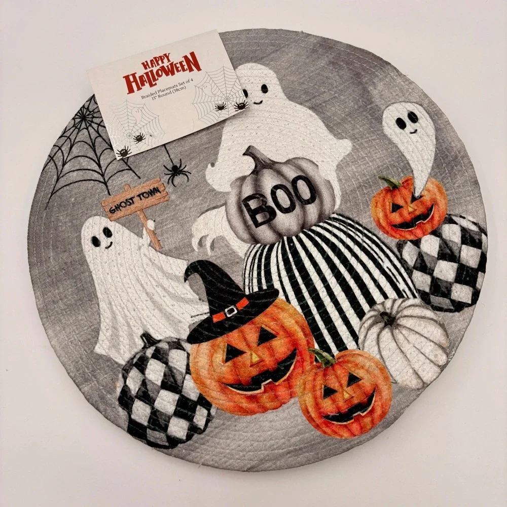 Happy Halloween Braided Placemats Set of 4 15 Inch Round Ghost Pumpkin Grey
